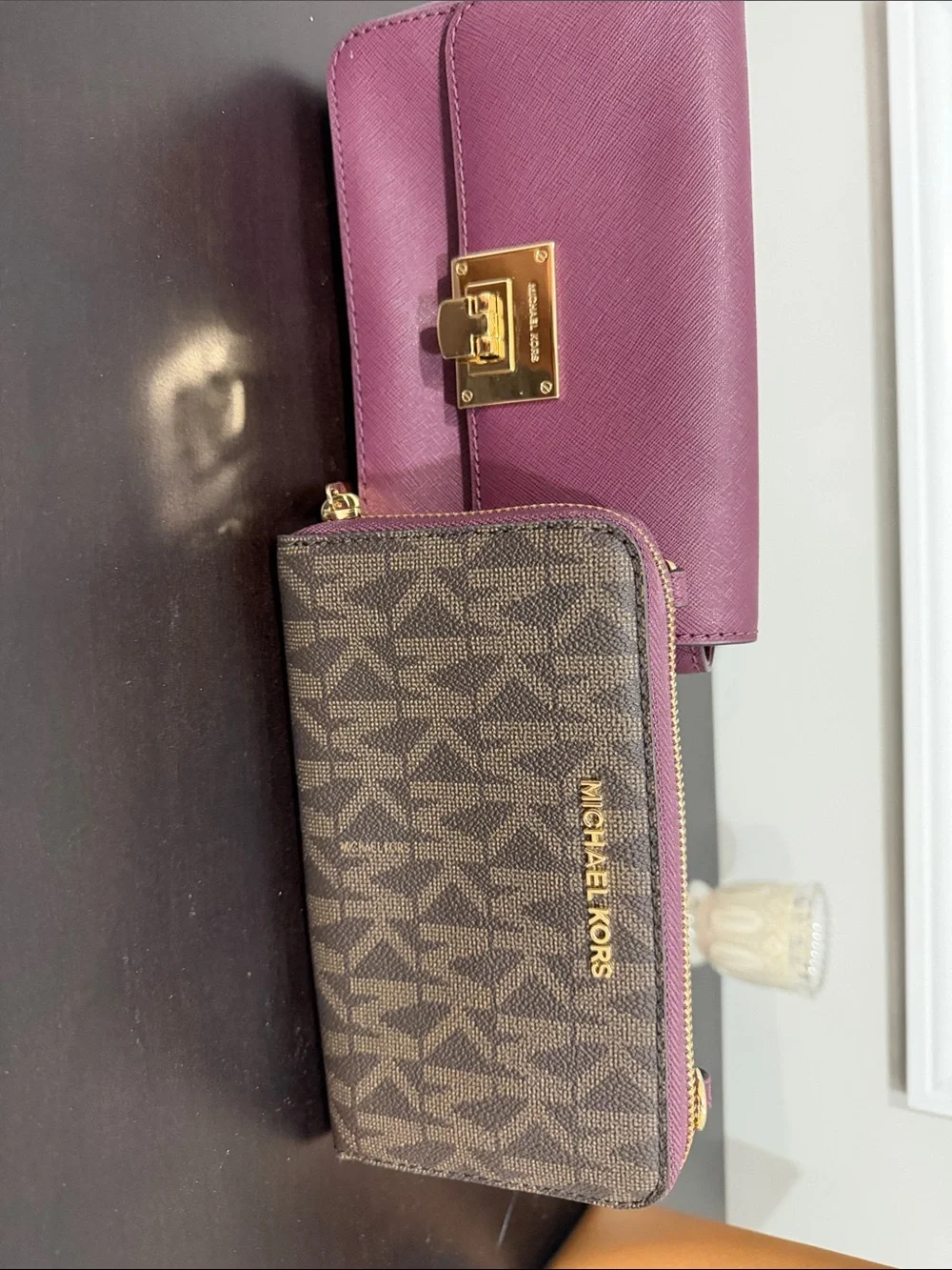 Michael Kors Pink Leather Clutch with Brown Logo Zip Wristlet